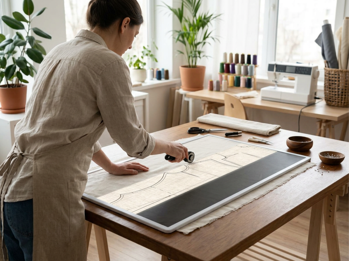 A maker cutting fabric on a glowing Lazy Light mat in a bright home studio